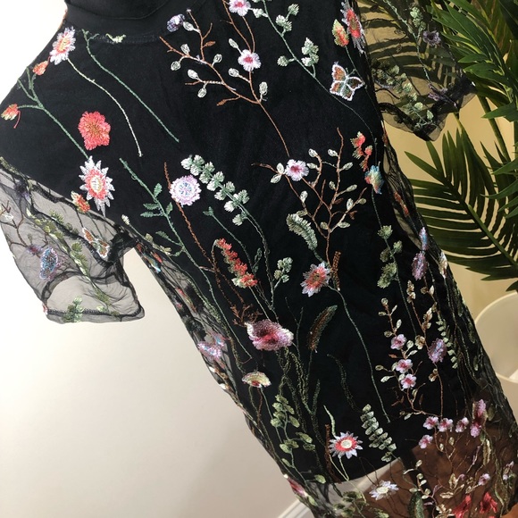 Boohoo Floral Embroidered Lace Black Mock Dress/ Swimsuit Cover Tall 6 - Picture 5 of 10